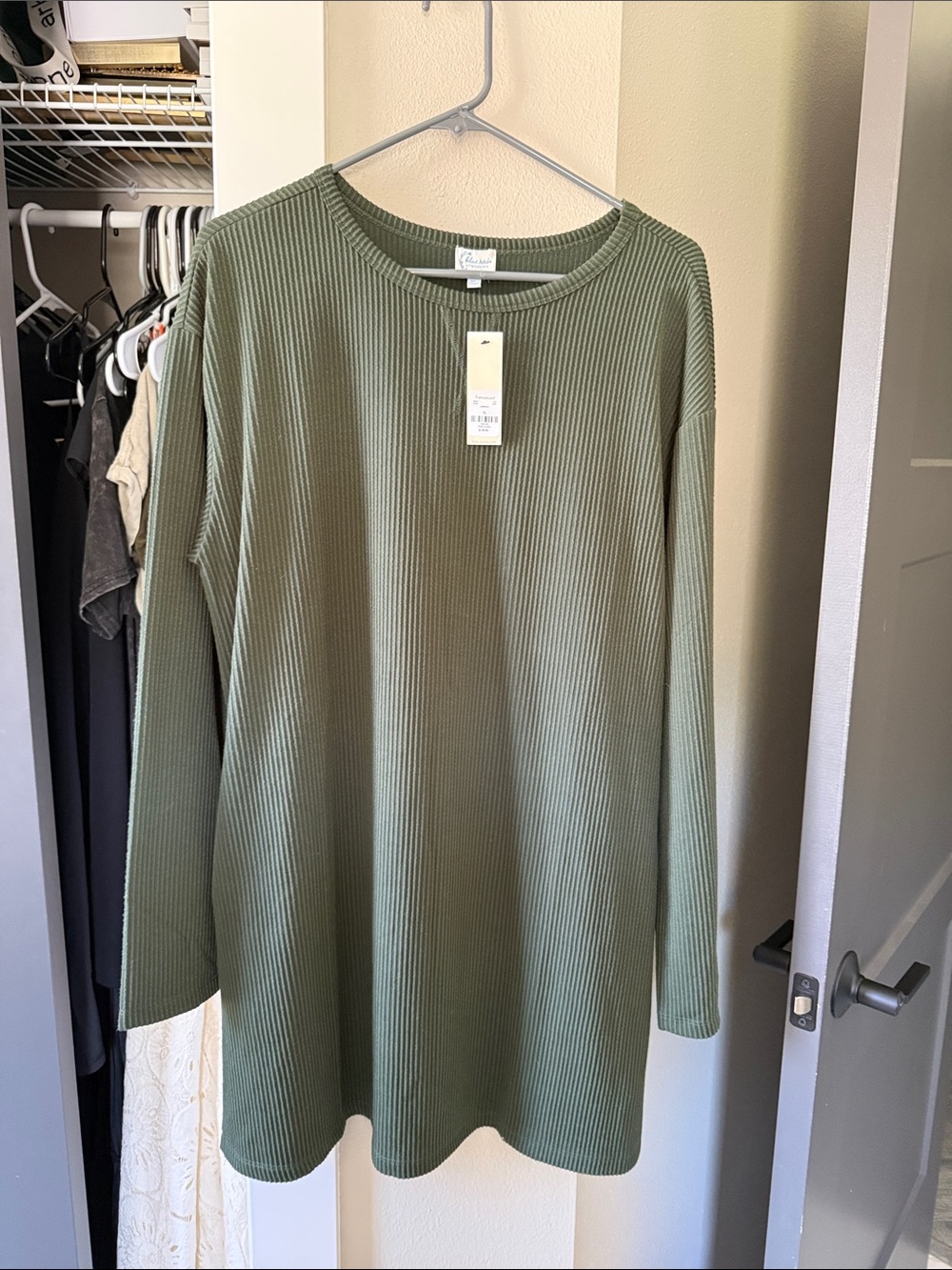 Francesca's Collections Olive Green Ribbed Crewneck Sweater Dress